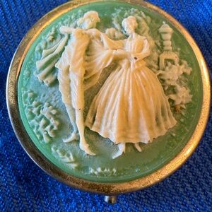 Vintage Cameo Style Pill Box - Green, Cream & Silver